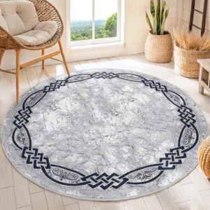 Gray Marble Celtic Pattern Round Living Room Rug