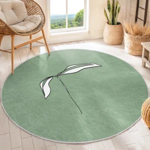 Leafy Minimalist Green Round Living Room Rug