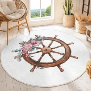 Nautical Wheel Floral Round Living Room Rug