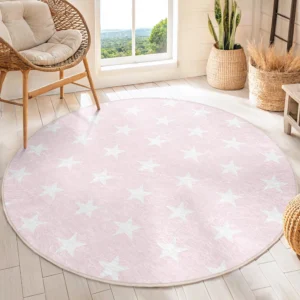 Pink Star Pattern Round Living Room Rug