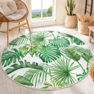 Tropical Leaf Pattern Round Living Room Rug